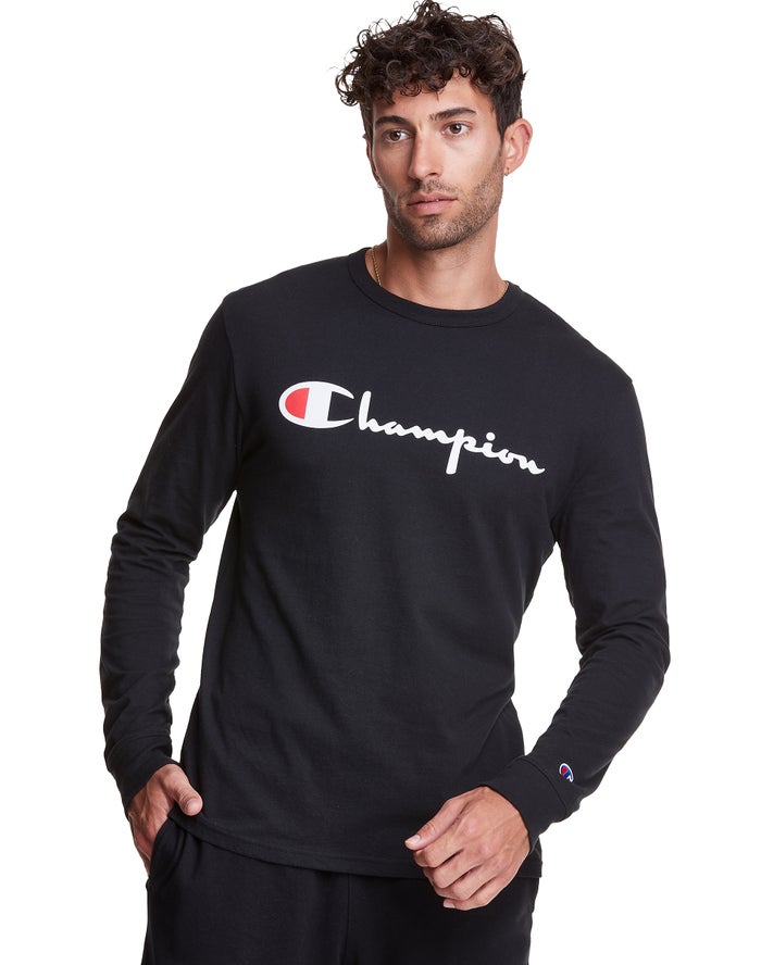 Champion Mens T-Shirt NZ - Long-Sleeve Lightweight Script Logo Black ( 8140-RHXNC )